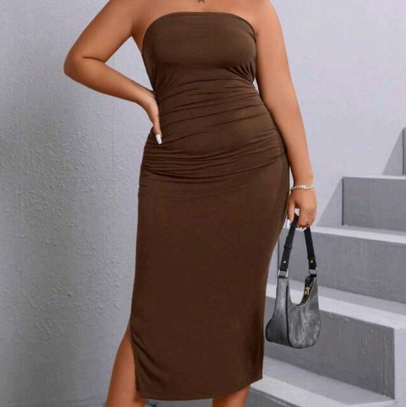 EZwear Plus Size Split Hem Ruched Strapless Tube Dress, 14 (1XL), Coffee Brown - Picture 1 of 7